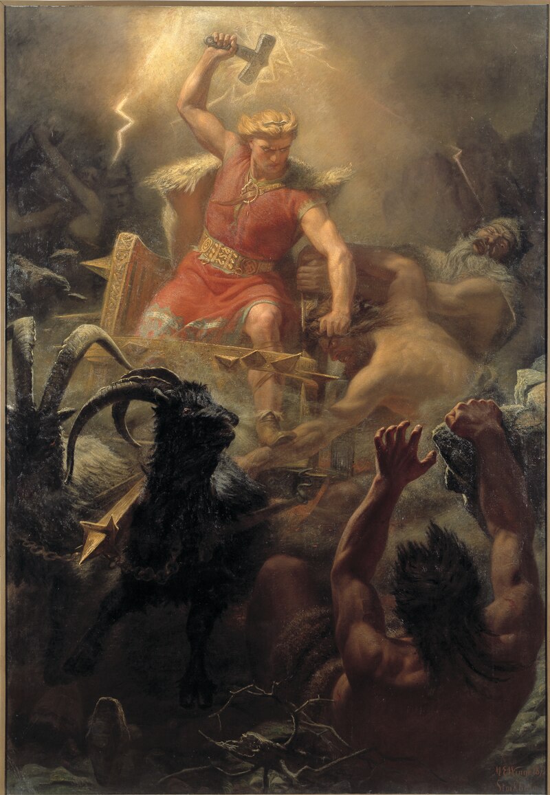 Thor walczący z gigantami, Mårten Eskil Winge, 1872. Domena publiczna.